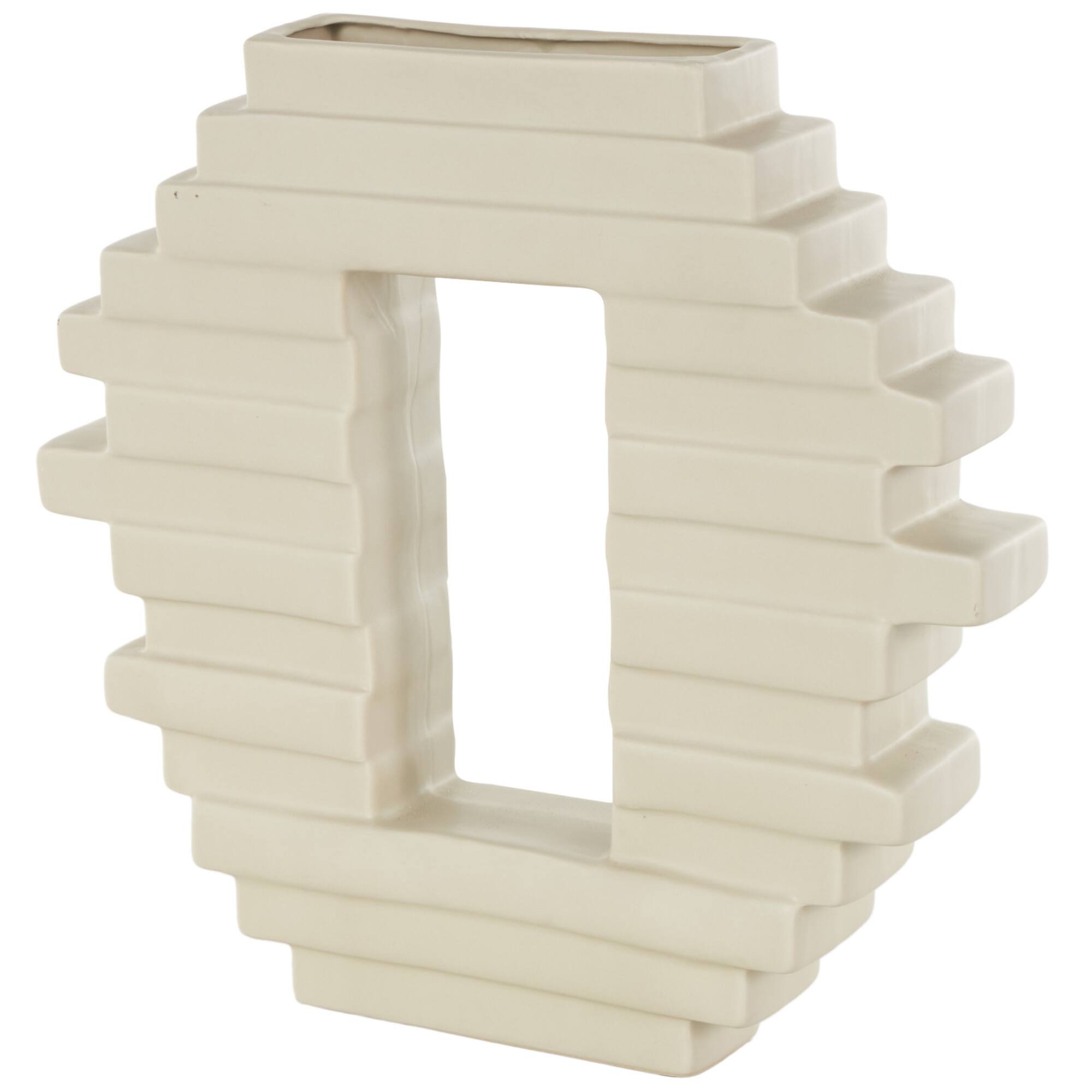 13" Cream Ceramic Abstract Decorative Vase with Rectangular Center Cutout